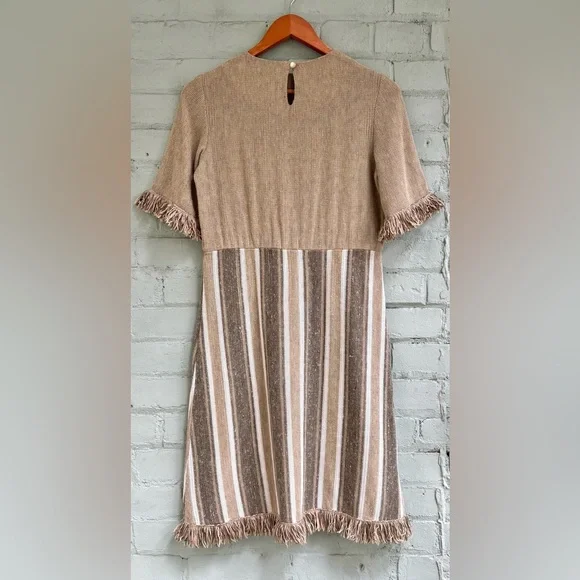 Vintage Woven Beige Striped Knit Midi Dress with Fringe - Picture 7 of 9